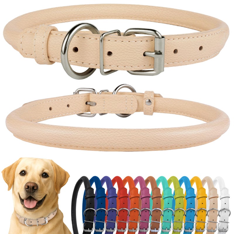CollarDirect Rolled Leather Dog Collar, Soft Padded Round Puppy Collar, Handmade Genuine Leather Collar Dog Small Large Cat Collars 13 Colors (15-19 Inch, Beige Textured) - Image 1